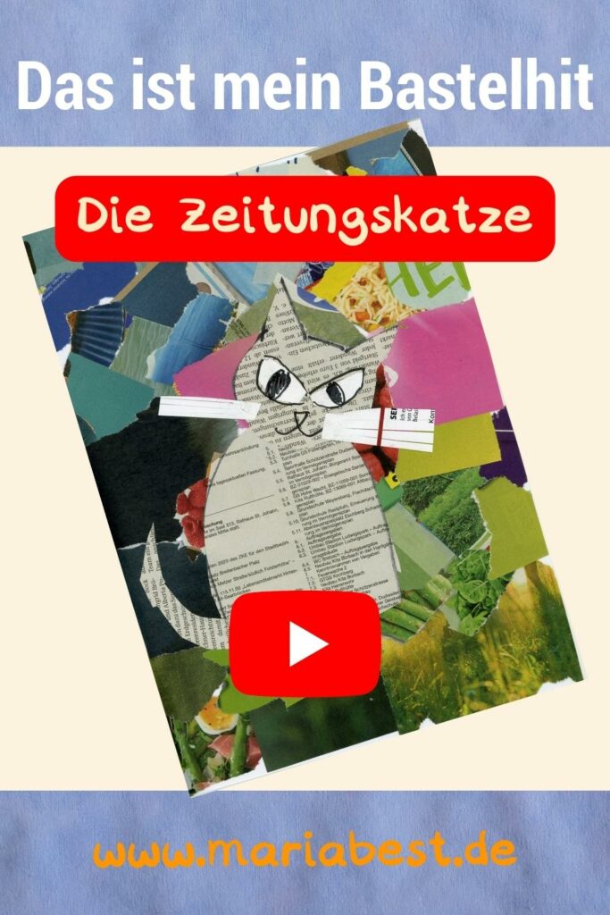 Pinterest Pin zu dem Bastelvideo der Zeitungskatze