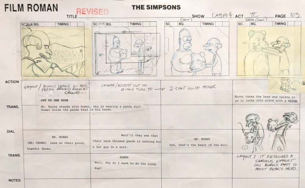 Seite aus einem Storyboard zu einer Simpsons-Animation.