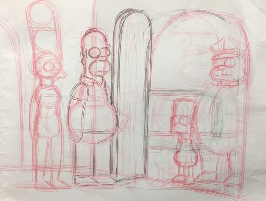 Skizze zu einer Einstellung mit den Simpsons